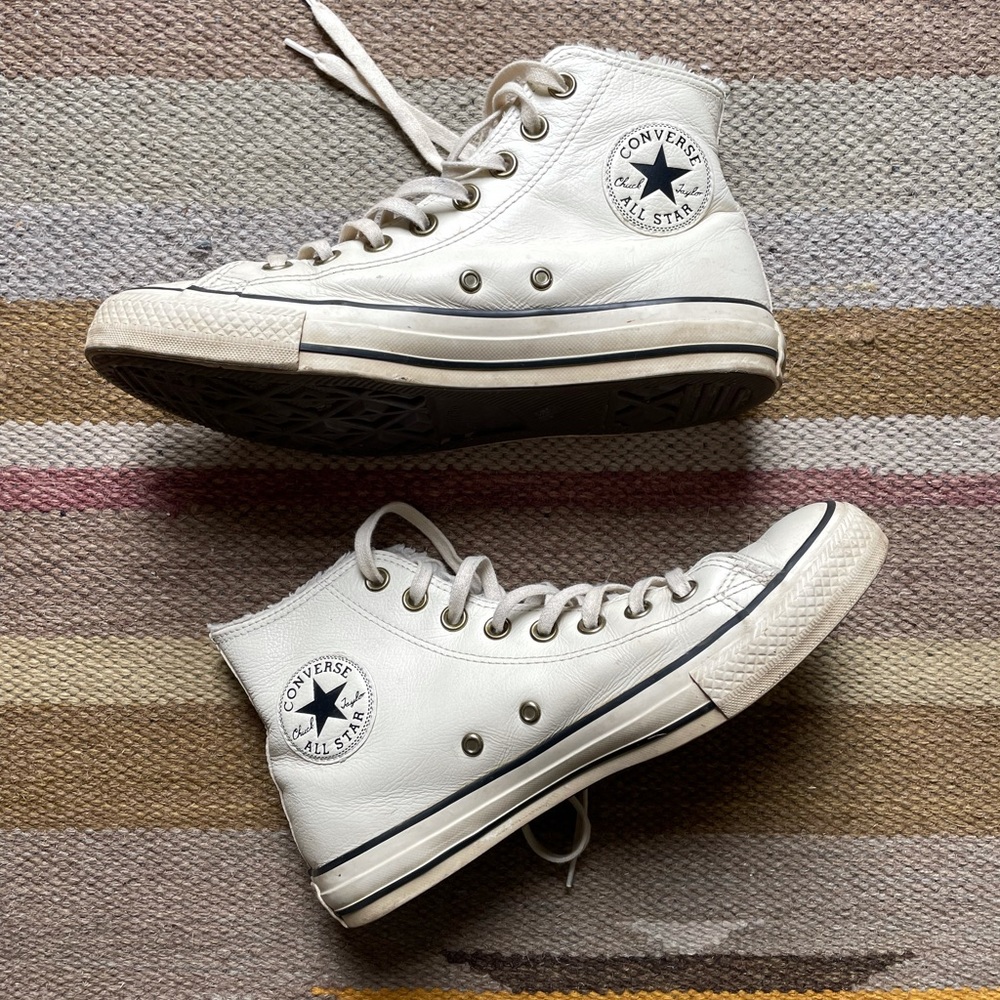 Leather faux fur lined converse 8.5 off white
